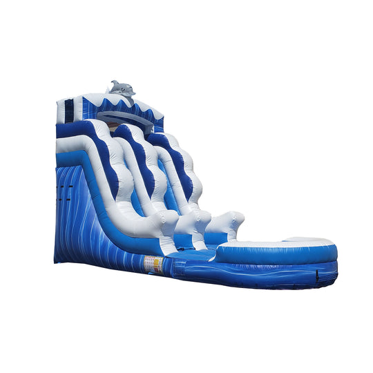 Large blue and white inflatable water slide featuring wave-like design, ideal for summer fun. Large blue and white inflatable water slide featuring wave-like design, ideal for summer fun.