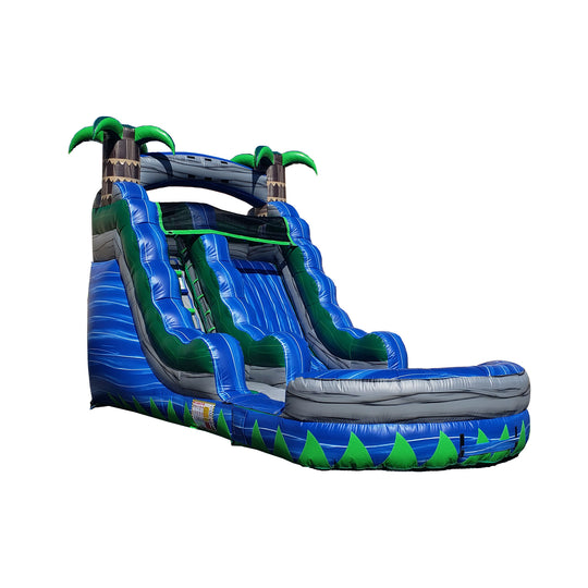 Blue Tide water slide featuring green palm trees and wave patterns, designed for outdoor fun. Blue Tide water slide featuring green palm trees and wave patterns, designed for outdoor fun.