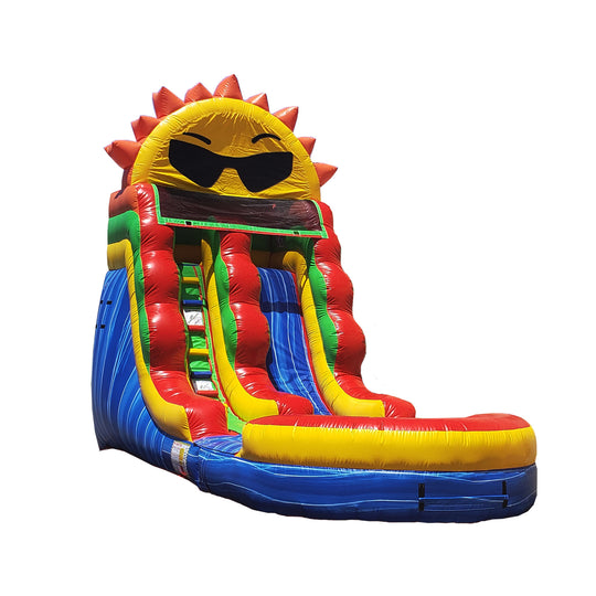 Brightly colored commercial water slide for sale featuring a sun design with sunglasses, set against a white background. Brightly colored commercial water slide for sale featuring a sun design with sunglasses, set against a white background.