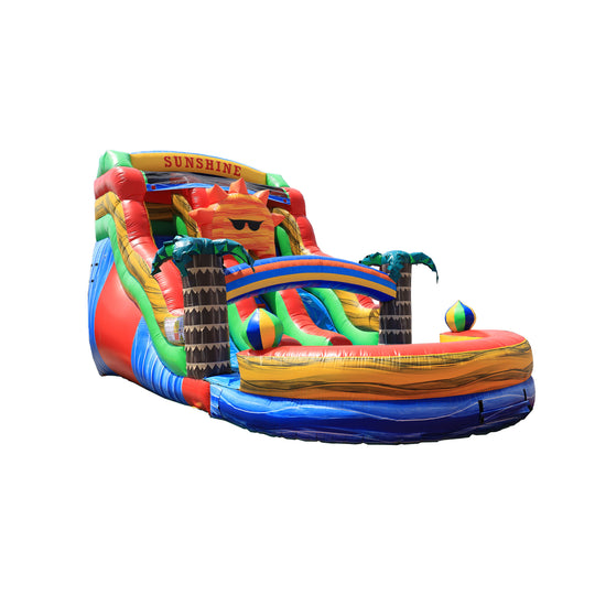 Colorful 17ft Sunshine Rainbow Water Slide featuring vibrant colors, palm trees, and a large splash pool, ideal for summer Colorful 17ft Sunshine Rainbow Water Slide featuring vibrant colors, palm trees, and a large splash pool, ideal for summer