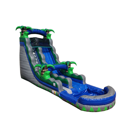 Large inflatable water slide featuring a palm tree theme with blue and green colors, designed for outdoor fun. Large inflatable water slide featuring a palm tree theme with blue and green colors, designed for outdoor fun.