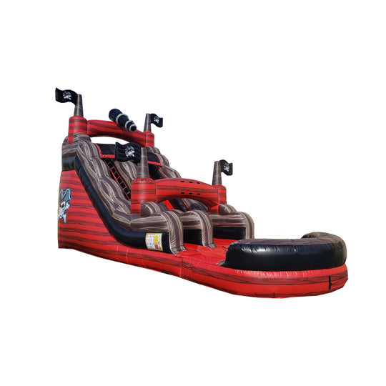 Red and gray pirate ship water slide featuring pirate flags and a cannon, set against a white background. Red and gray pirate ship water slide featuring pirate flags and a cannon, set against a white background.