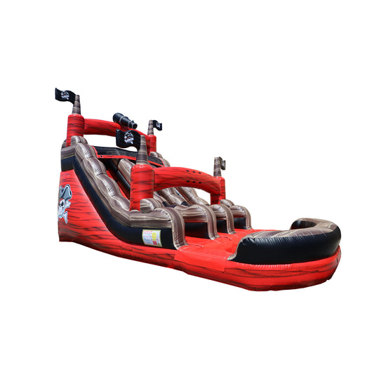 Red and black pirate ship water slide featuring multiple slides and pirate-themed decorations, ideal for outdoor events. Red and black pirate ship water slide featuring multiple slides and pirate-themed decorations, ideal for outdoor events.