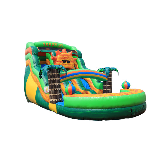 Colorful Wild Kingdom water slide featuring a vibrant design with palm trees and a sun motif, ideal for summer fun. Colorful Wild Kingdom water slide featuring a vibrant design with palm trees and a sun motif, ideal for summer fun.