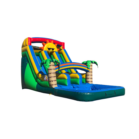 Colorful Jungle Jam water slide featuring palm trees and a sunny design, set against a white background. Colorful Jungle Jam water slide featuring palm trees and a sunny design, set against a white background.