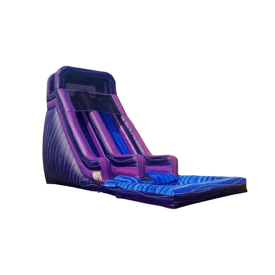 Purple Burst Water Slide featuring two sliding lanes and a blue splash pool at the bottom, set against a white background. Purple Burst Water Slide featuring two sliding lanes and a blue splash pool at the bottom, set against a white background.