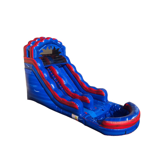 Bright blue and red commercial water slide for sale featuring a tall, curved design with multiple sliding lanes. Bright blue and red commercial water slide for sale featuring a tall, curved design with multiple sliding lanes.