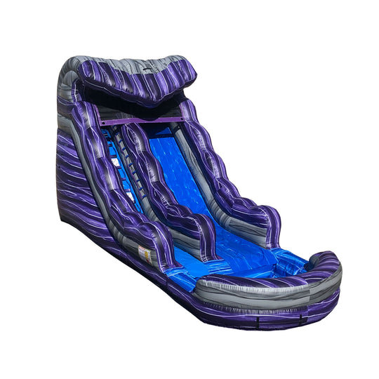 A vibrant purple and blue commercial water slide for sale, featuring a steep incline and smooth sliding surface. A vibrant purple and blue commercial water slide for sale, featuring a steep incline and smooth sliding surface.