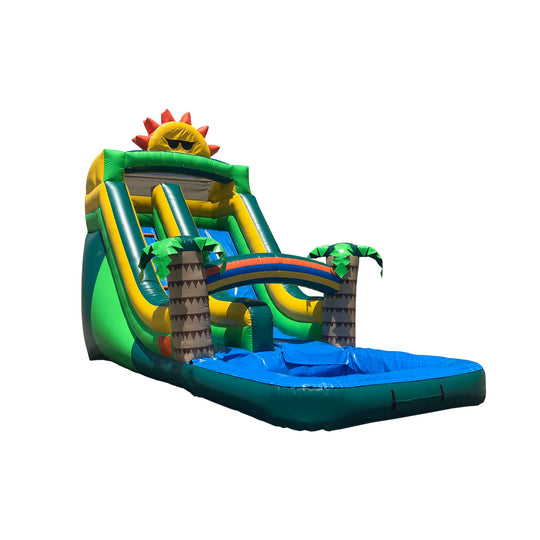 Colorful tropical water slide featuring palm trees and a sun design, with a blue splash pool at the base, ideal for summer Colorful tropical water slide featuring palm trees and a sun design, with a blue splash pool at the base, ideal for summer