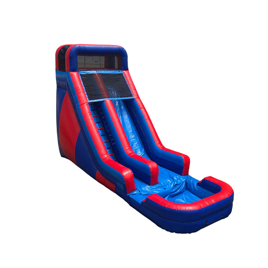 Bright red and blue commercial water slide for sale with a steep incline and splash pool at the bottom. Bright red and blue commercial water slide for sale with a steep incline and splash pool at the bottom.