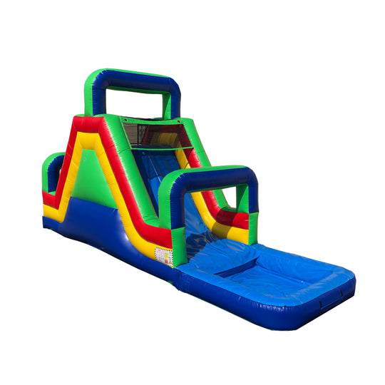 Colorful commercial water slide with a steep incline and splash pool at the base, set against a white background. Colorful commercial water slide with a steep incline and splash pool at the base, set against a white background.