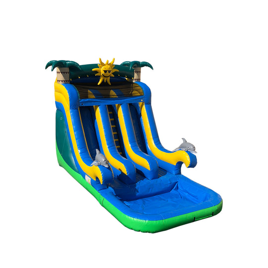 Bright green and blue commercial water slide for sale featuring palm trees and a sun design, set against a white background. Bright green and blue commercial water slide for sale featuring palm trees and a sun design, set against a white background.