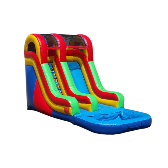 Brightly colored commercial water slide for sale featuring three slides and a splash pool at the bottom. Brightly colored commercial water slide for sale featuring three slides and a splash pool at the bottom.