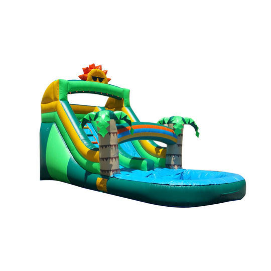 Bright green and yellow commercial water slide for sale featuring palm trees and a splash pool at the base. Bright green and yellow commercial water slide for sale featuring palm trees and a splash pool at the base.