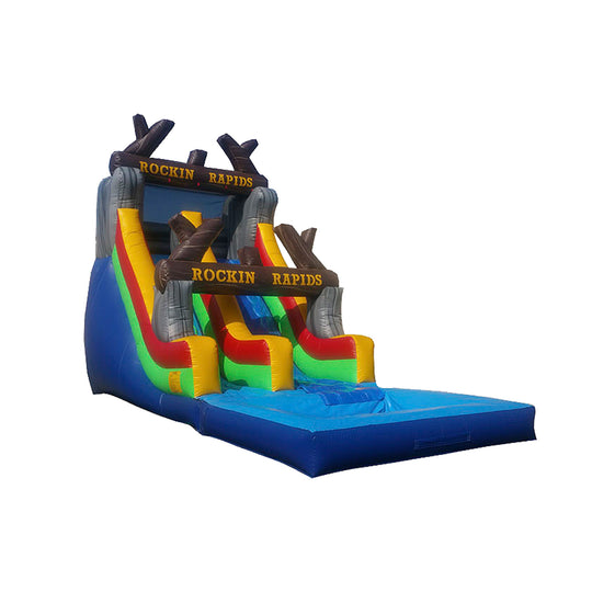 Colorful WS-107S Rocking Rapids water slide featuring two sliding lanes and a splash pool at the base, ideal for summer fun. Colorful WS-107S Rocking Rapids water slide featuring two sliding lanes and a splash pool at the base, ideal for summer fun.