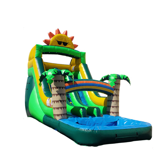 Colorful 15-foot Aloha Falls water slide featuring a sun design, palm trees, and a blue splash pool, ideal for summer fun. Colorful 15-foot Aloha Falls water slide featuring a sun design, palm trees, and a blue splash pool, ideal for summer fun.