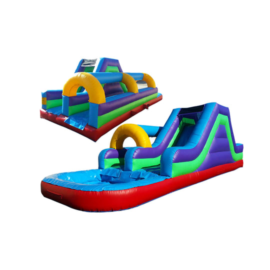 Colorful WS-136S Splash-N-Dash water slide featuring vibrant purple, green, and yellow sections, set against a white Colorful WS-136S Splash-N-Dash water slide featuring vibrant purple, green, and yellow sections, set against a white