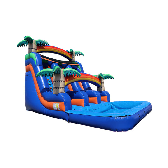 Colorful Under The Rainbow water slide featuring three lanes, palm trees, and a blue splash pool, ideal for summer fun. Colorful Under The Rainbow water slide featuring three lanes, palm trees, and a blue splash pool, ideal for summer fun.