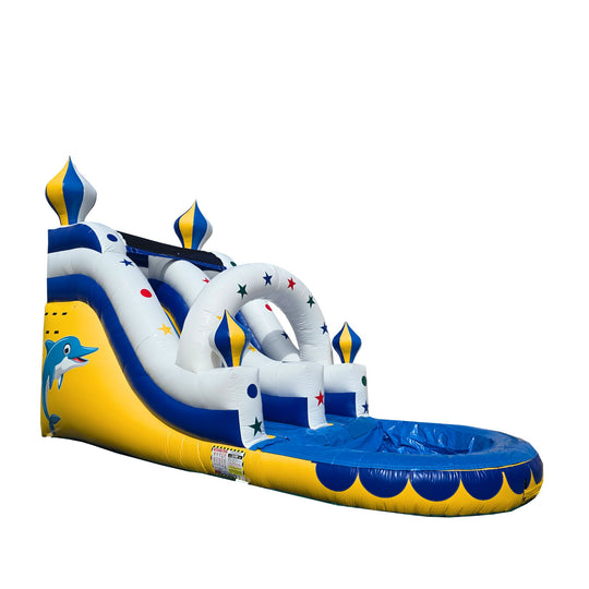 Brightly colored WS-178S Crown Jewels water slide featuring blue and yellow design with dolphin graphics, set against a white Brightly colored WS-178S Crown Jewels water slide featuring blue and yellow design with dolphin graphics, set against a white