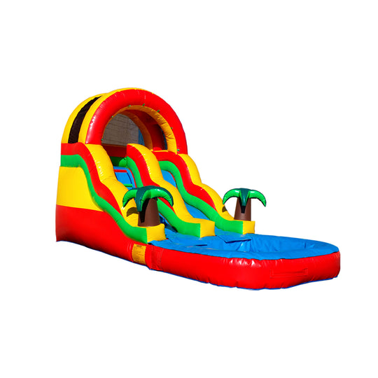 Colorful commercial water slide for sale featuring two slides and palm tree decorations. Colorful commercial water slide for sale featuring two slides and palm tree decorations.