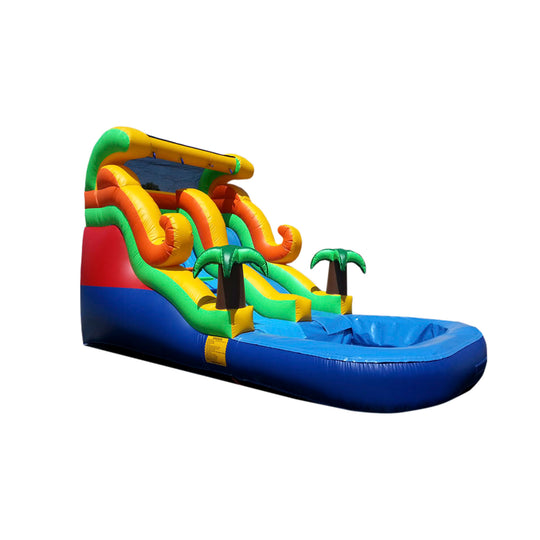 Colorful WS-183S Rainbow Tides water slide featuring green and yellow slides with palm trees, set against a blue splash pool. Colorful WS-183S Rainbow Tides water slide featuring green and yellow slides with palm trees, set against a blue splash pool.