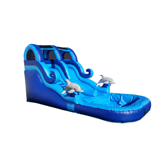 Blue Dolphin Tides water slide featuring two slides and dolphin decorations, set against a white background. Blue Dolphin Tides water slide featuring two slides and dolphin decorations, set against a white background.