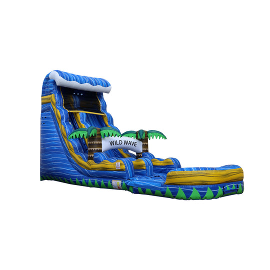 Colorful blue and yellow Wild Wave water slide with palm trees, designed for outdoor fun. Colorful blue and yellow Wild Wave water slide with palm trees, designed for outdoor fun.