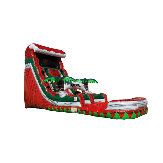 Bright red and green commercial water slide featuring a wild wave design with palm trees and a splash pool at the base. Bright red and green commercial water slide featuring a wild wave design with palm trees and a splash pool at the base.