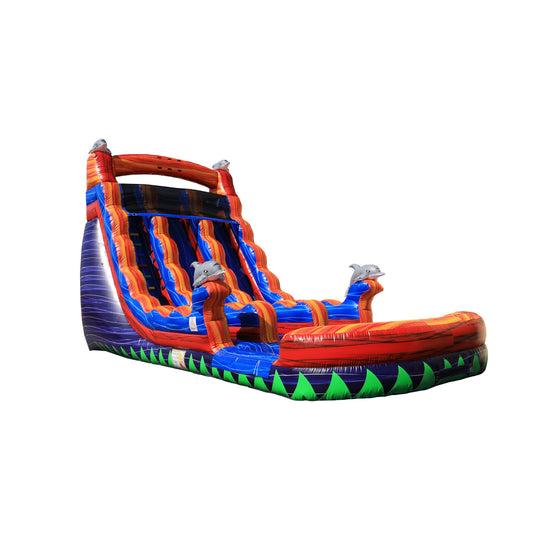 Colorful WS-206D Sunset Bash water slide featuring vibrant red, blue, and green colors, designed for outdoor fun. Colorful WS-206D Sunset Bash water slide featuring vibrant red, blue, and green colors, designed for outdoor fun.