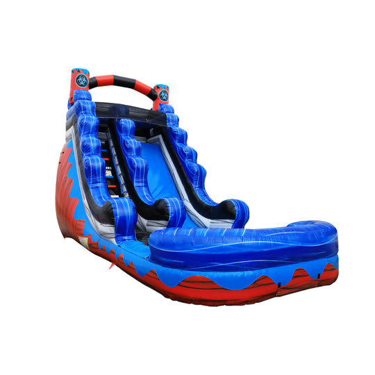 Large blue and red inflatable water slide with two sliding lanes and a splash pool at the bottom, designed for outdoor fun. Large blue and red inflatable water slide with two sliding lanes and a splash pool at the bottom, designed for outdoor fun.