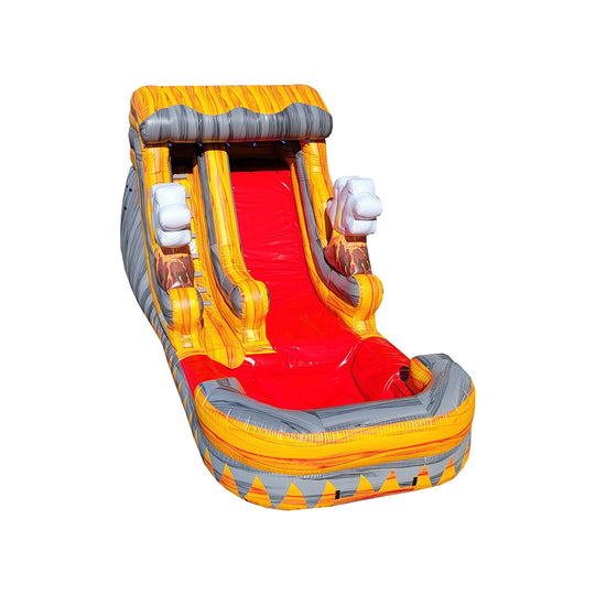 Brightly colored WS-217S Volcano Falls water slide featuring a red slide and yellow-orange volcano design, set against a Brightly colored WS-217S Volcano Falls water slide featuring a red slide and yellow-orange volcano design, set against a