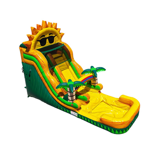 Bright yellow and green 18-foot tall commercial water slide featuring a sun design and palm trees, set against a white Bright yellow and green 18-foot tall commercial water slide featuring a sun design and palm trees, set against a white