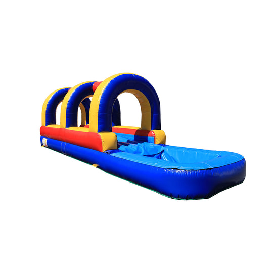 Brightly colored WS-223S Chill Zone Slip-N-Slide featuring red, yellow, and blue arches with a large water pool at the end Brightly colored WS-223S Chill Zone Slip-N-Slide featuring red, yellow, and blue arches with a large water pool at the end