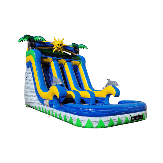 Bright blue and yellow commercial water slide featuring dolphin decorations and palm trees, set against a white background. Bright blue and yellow commercial water slide featuring dolphin decorations and palm trees, set against a white background.