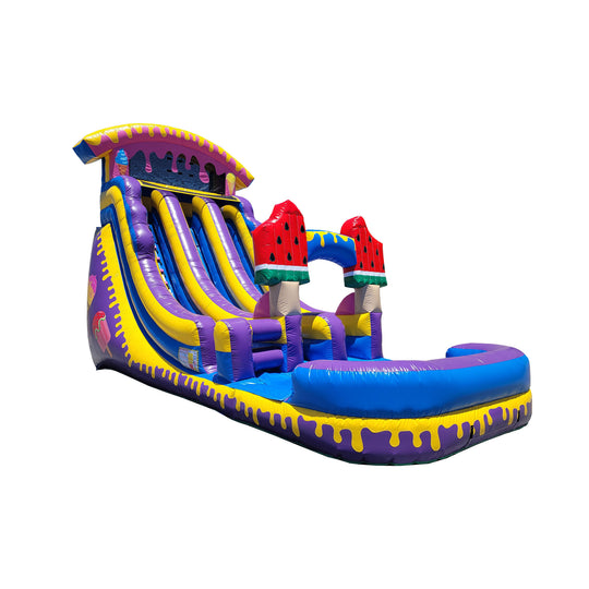 Colorful watermelon ice cream-themed commercial water slide for sale with multiple sliding lanes and vibrant decorations. Colorful watermelon ice cream-themed commercial water slide for sale with multiple sliding lanes and vibrant decorations.