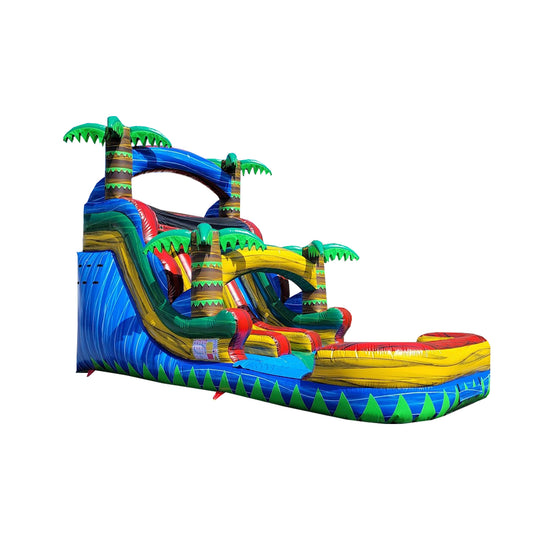 Colorful Bahama Falls water slide featuring palm trees and multiple sliding lanes, set against a white background. Colorful Bahama Falls water slide featuring palm trees and multiple sliding lanes, set against a white background.