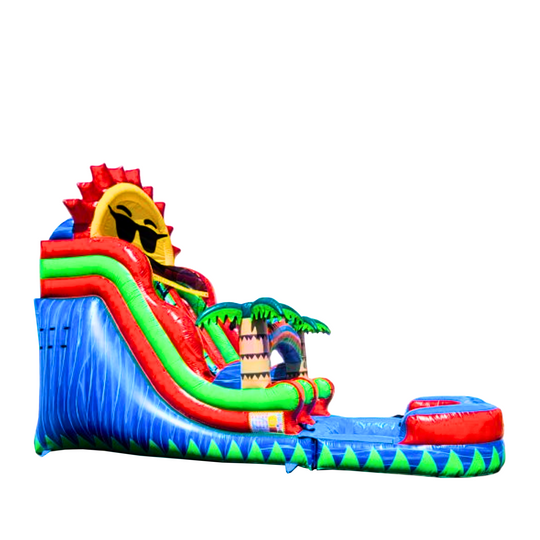 Colorful 18ft high blue sky water slide featuring palm trees and a sun design, ideal for summer fun. Colorful 18ft high blue sky water slide featuring palm trees and a sun design, ideal for summer fun.