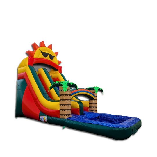 Brightly colored WS-244S Sunrise Water Slide featuring a sun design and palm trees, set against a white background. Brightly colored WS-244S Sunrise Water Slide featuring a sun design and palm trees, set against a white background.