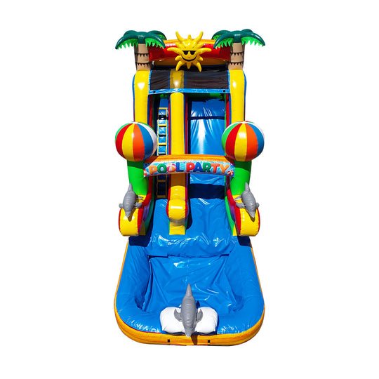 Colorful commercial water slide for sale featuring a pool party theme with palm trees, beach balls, and a slide leading into Colorful commercial water slide for sale featuring a pool party theme with palm trees, beach balls, and a slide leading into