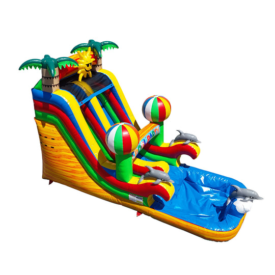Colorful commercial water slide for sale featuring palm trees, beach balls, and dolphins, set against a white background. Colorful commercial water slide for sale featuring palm trees, beach balls, and dolphins, set against a white background.