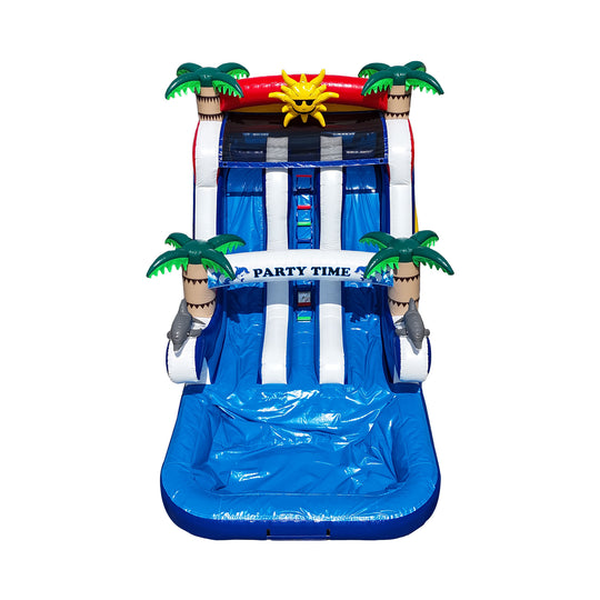 Colorful 18ft high commercial water slide featuring palm trees and a sunny design, set against a white background. Colorful 18ft high commercial water slide featuring palm trees and a sunny design, set against a white background.