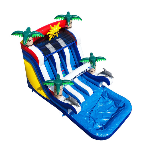 Colorful 18-foot tall commercial water slide featuring palm trees and a sunny design, set against a white background. Colorful 18-foot tall commercial water slide featuring palm trees and a sunny design, set against a white background.