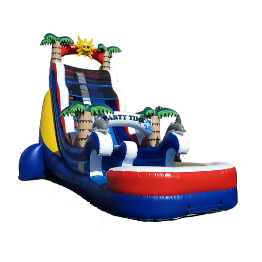 Colorful 22-foot tall commercial water slide featuring palm trees and a sunny theme, ideal for summer parties. Colorful 22-foot tall commercial water slide featuring palm trees and a sunny theme, ideal for summer parties.