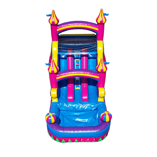 Bright pink castle-themed commercial water slide for sale with blue sliding lanes and a splash pool at the bottom. Bright pink castle-themed commercial water slide for sale with blue sliding lanes and a splash pool at the bottom.