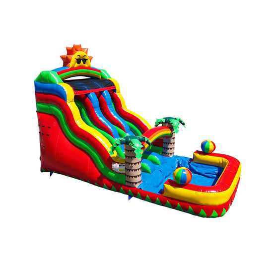 Colorful WS-263D Sunny Splash Water Slide featuring a sunny design, palm trees, and a splash pool, ideal for summer fun. Colorful WS-263D Sunny Splash Water Slide featuring a sunny design, palm trees, and a splash pool, ideal for summer fun.