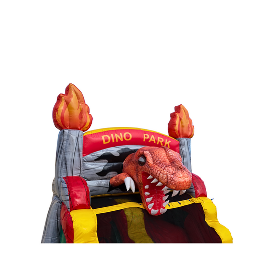 Colorful Dino Park water slide featuring a dinosaur head at the top, designed for fun outdoor play. Colorful Dino Park water slide featuring a dinosaur head at the top, designed for fun outdoor play.