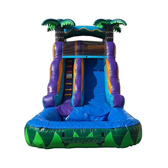 Colorful WS-269S Adventure water slide featuring palm trees, a blue slide, and a splash pool at the bottom, ideal for summer Colorful WS-269S Adventure water slide featuring palm trees, a blue slide, and a splash pool at the bottom, ideal for summer