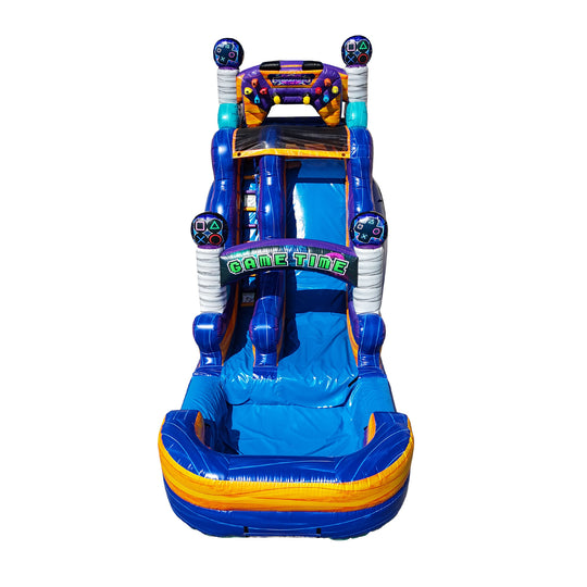 Bright blue and orange commercial water slide for sale featuring a gaming theme and a splash pool at the bottom. Bright blue and orange commercial water slide for sale featuring a gaming theme and a splash pool at the bottom.