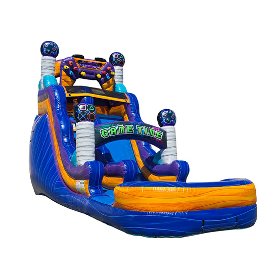 Bright blue and orange commercial water slide featuring a Game Time theme, with interactive elements and a large splash pool Bright blue and orange commercial water slide featuring a Game Time theme, with interactive elements and a large splash pool