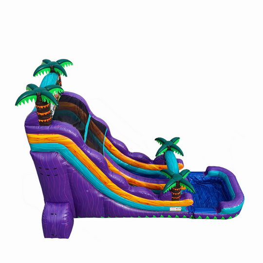 Purple tropical water slide featuring palm trees and a splash pool, designed for fun and excitement. Purple tropical water slide featuring palm trees and a splash pool, designed for fun and excitement.